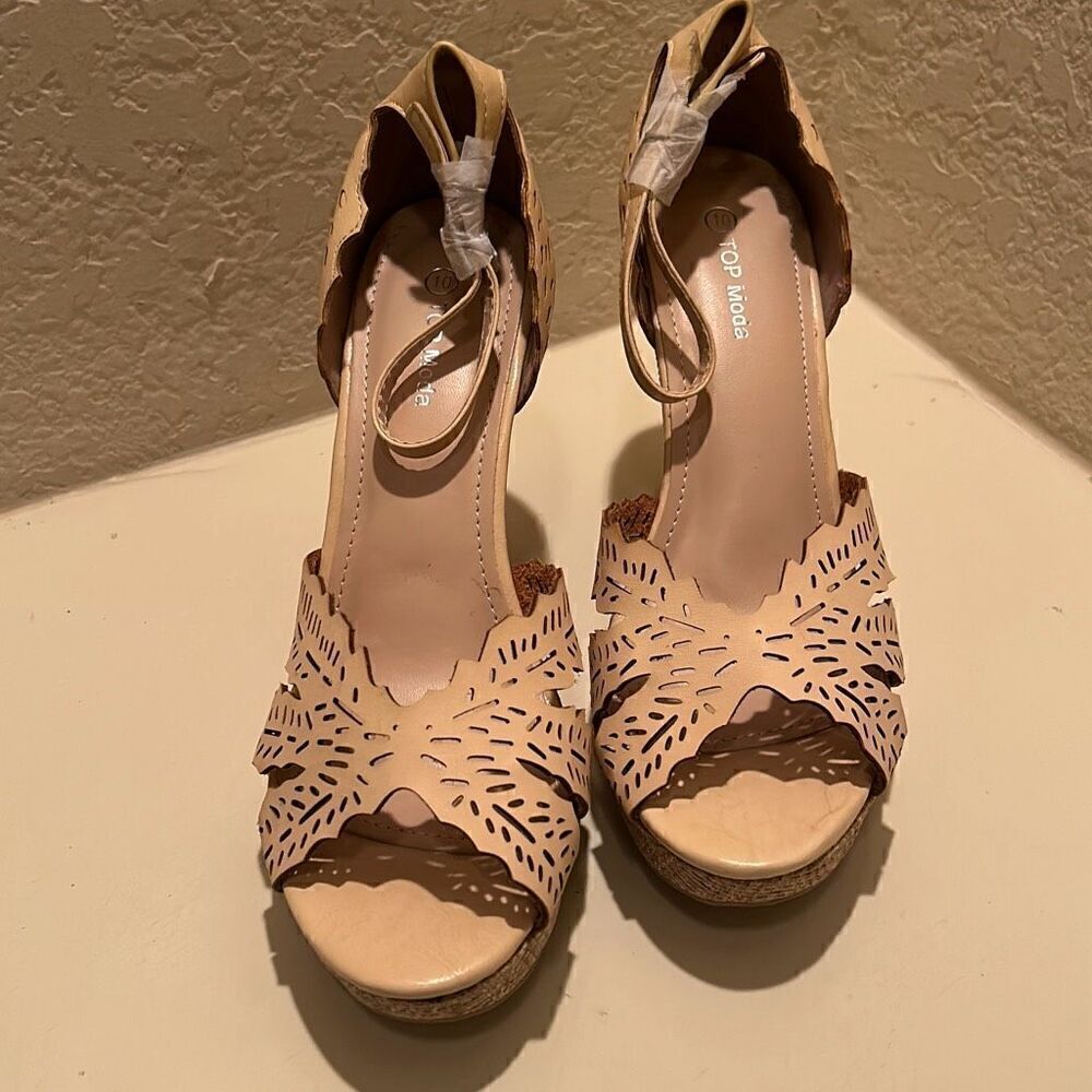 Top Moda Women's 10 Laser Cut Strappy Wedge Heel Beige Tan Neutral Coastal Beach